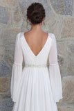 Sparkly Ivory Beaded V Neck Long Sleeves Wedding Dress with Slit
