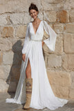Ivory Chiffon Beaded A Line Long Wedding Dress with Slit