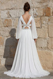 Ivory Chiffon Beaded A Line Long Wedding Dress with Slit
