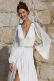 Ivory Chiffon Beaded A Line Long Wedding Dress with Slit