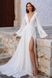 Ivory V Neck Puff Sleeves Long Wedding Dress with Slit