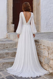 Ivory V Neck Puff Sleeves Long Wedding Dress with Slit