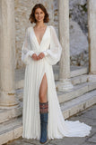 Ivory V Neck Chiffon Long Sleeves Wedding Dress with Slit