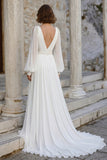 Ivory V Neck Chiffon Long Sleeves Wedding Dress with Slit
