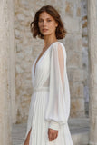 Ivory V Neck Chiffon Long Sleeves Wedding Dress with Slit