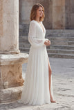Ivory Chiffon A Line Long Wedding Dress with Slit
