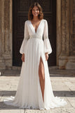 Ivory Pleated V Neck Long Sleeves Wedding Dress with Slit