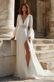 Ivory Pleated V Neck Long Sleeves Wedding Dress with Slit