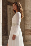 Ivory Pleated V Neck Long Sleeves Wedding Dress with Slit