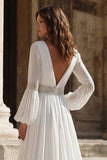 Ivory Pleated V Neck Long Sleeves Wedding Dress with Slit