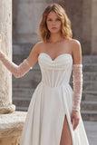Ivory Sweetheart A Line Long Corset Wedding Dress with Slit