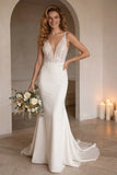 Ivory Mermiad V-Neck Corset Sweep Train Wedding Dress with Lace