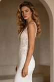 Ivory Mermiad V-Neck Corset Sweep Train Wedding Dress with Lace