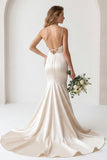 Ivory Satin Spaghetti Straps Sweep Train Mermaid Wedding Dress