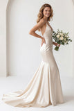 Ivory Satin Spaghetti Straps Sweep Train Mermaid Wedding Dress