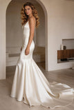 Ivory Satin Spaghetti Straps Sweep Train Mermaid Wedding Dress