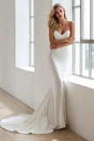 Ivory Spaghetti Straps Satin Mermaid Sweep Train Dress with Lace