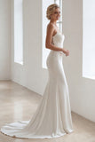 Ivory Spaghetti Straps Satin Mermaid Sweep Train Dress with Lace