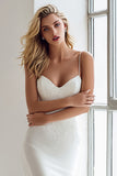 Ivory Spaghetti Straps Satin Mermaid Sweep Train Dress with Lace