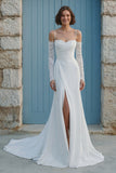 Ivory Mermaid Cold Shoulder Ruched Sweep Train Wedding Dress with Slit
