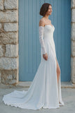 Ivory Mermaid Cold Shoulder Ruched Sweep Train Wedding Dress with Slit