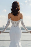 Ivory Off the Shoulder Mermaid Sweep Train Wedding Dress with Lace
