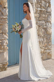 Ivory Mermiad Ruched Spaghetti Straps Sweep Train Wedding Dress with Slit