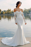 Ivory Satin Mermaid Off The Shoulder Sweep Train Wedding Dress with Sleeves
