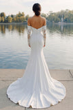 Ivory Satin Mermaid Off The Shoulder Sweep Train Wedding Dress with Sleeves