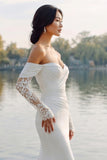 Ivory Satin Mermaid Off The Shoulder Sweep Train Wedding Dress with Sleeves