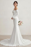 Ivory Chiffon Mermaid Appliqued Sweep Train Boho Wedding Dress with Sleeves