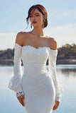 Ivory Chiffon Mermaid Appliqued Sweep Train Boho Wedding Dress with Sleeves
