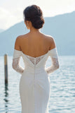 Ivory Mermaid Off The Shoulder Sweep Train Boho Wedding Dress with Sleeves