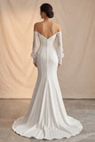 Ivory Off The Shoulder Mermaid Sweep Train Boho Wedding Dress with Lace Sleeves