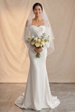 Ivory Off The Shoulder Mermaid Sweep Train Boho Wedding Dress with Lace Sleeves