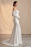 Ivory Off The Shoulder Mermaid Sweep Train Boho Wedding Dress with Lace Sleeves