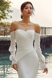 Ivory Off The Shoulder Mermaid Sweep Train Boho Wedding Dress with Lace Sleeves