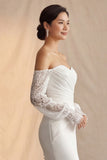 Ivory Off The Shoulder Mermaid Sweep Train Boho Wedding Dress with Lace Sleeves