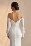 Ivory Off The Shoulder Mermaid Sweep Train Boho Wedding Dress with Lace Sleeves