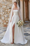 Sparkly Ivory A Line Beaded Long Sleeves Sweep Train Boho Wedding Dress with Slit