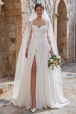 Ivory A Line Long Sleeves Sweep Train Boho Wedding Dress with Slit
