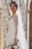 Ivory A Line Long Sleeves Sweep Train Boho Wedding Dress with Slit