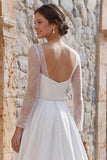 Ivory A Line Long Sleeves Sweep Train Boho Wedding Dress with Slit