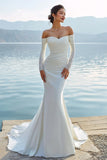 Ivory Sweetheart Mermaid Ruched Long Wedding Dress with Appliques