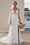 Ivory Spaghetti Straps A-Line Long Lace Appliqued Wedding Dress with Slit