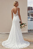 Ivory Spaghetti Straps A-Line Long Lace Appliqued Wedding Dress with Slit