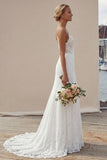 Ivory Spaghetti Straps A-Line Long Lace Appliqued Wedding Dress with Slit