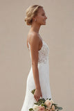Ivory Spaghetti Straps A-Line Long Lace Appliqued Wedding Dress with Slit