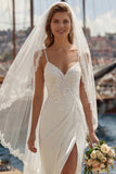 Ivory A-Line Spaghetti Straps Lace Appliqued Long Wedding Dress with Slit