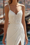 Ivory A-Line Spaghetti Straps Lace Appliqued Long Wedding Dress with Slit